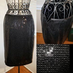Vintage Glam Goth Barbie Y2K Sequined Black Pencil Skirt Cocktail or Club XS